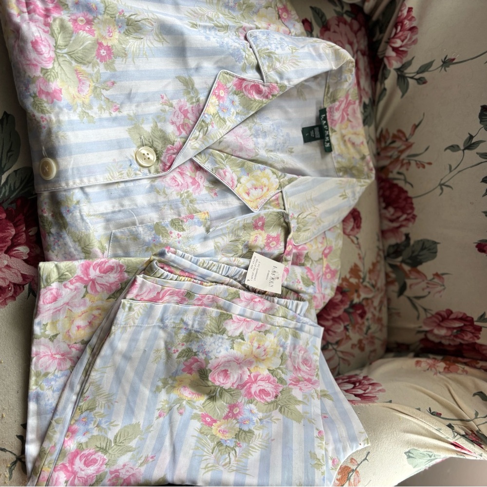 Lauren Ralph Lauren Floral Striped Pajama Set - Blue and Pink Large